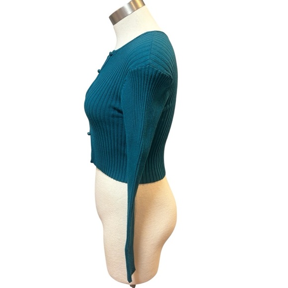 Urban Outfitters Teal Ribbed Cardigan Peyton Fitted Cropped Sz. L - Picture 5 of 10